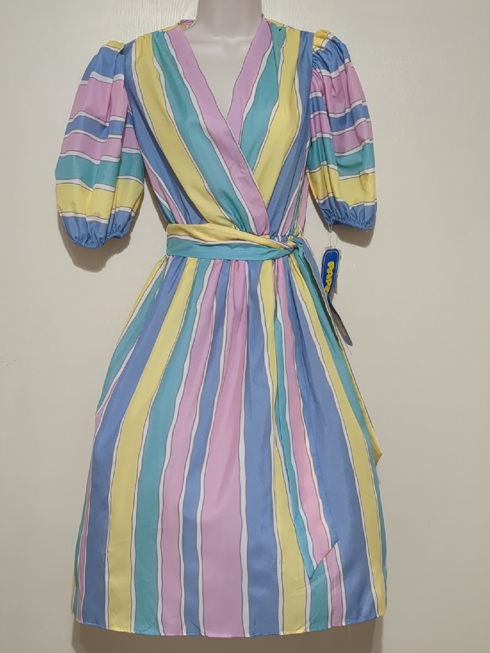 Vintage Papper Moon puffy sleeve pastel striped Juniors midi dress Size 5 NWT